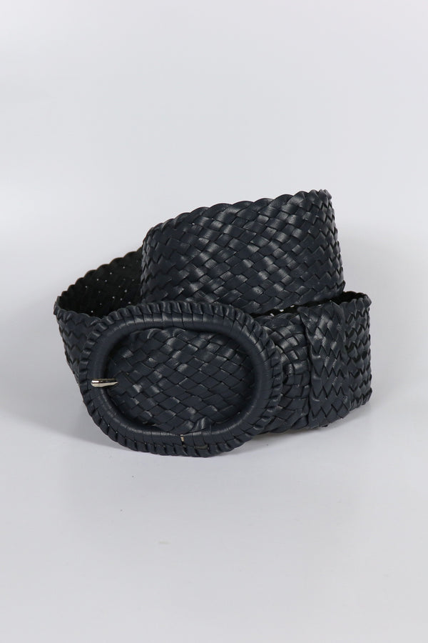 Leather Plaited Belt - Navy