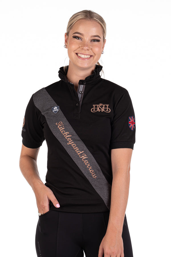 Equestrian Collection Sash Fitted Polo EE01 18 Black W Rose gold Hitchley Harrow