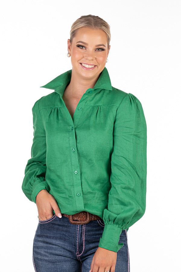 Linen Collection - LC08-6 Emerald Green Gathered Long Sleeve Linen Shirt