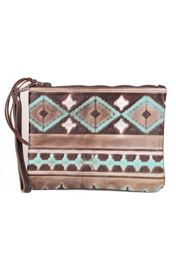 Clutch - White Aztec detail Leather Clutch #01