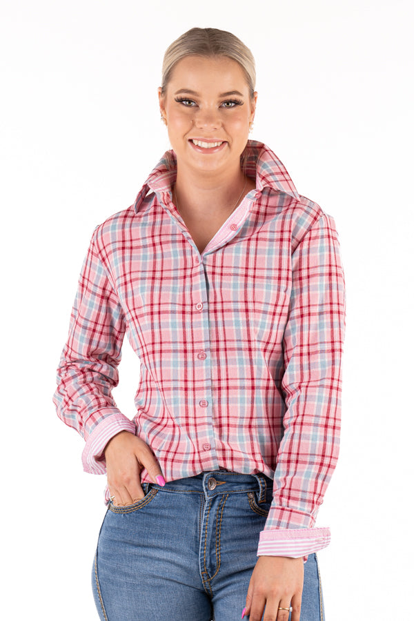 Fitted - RR01-35 Raspberry & Powder Blue Check Collared Ranch Range Arena Shirt