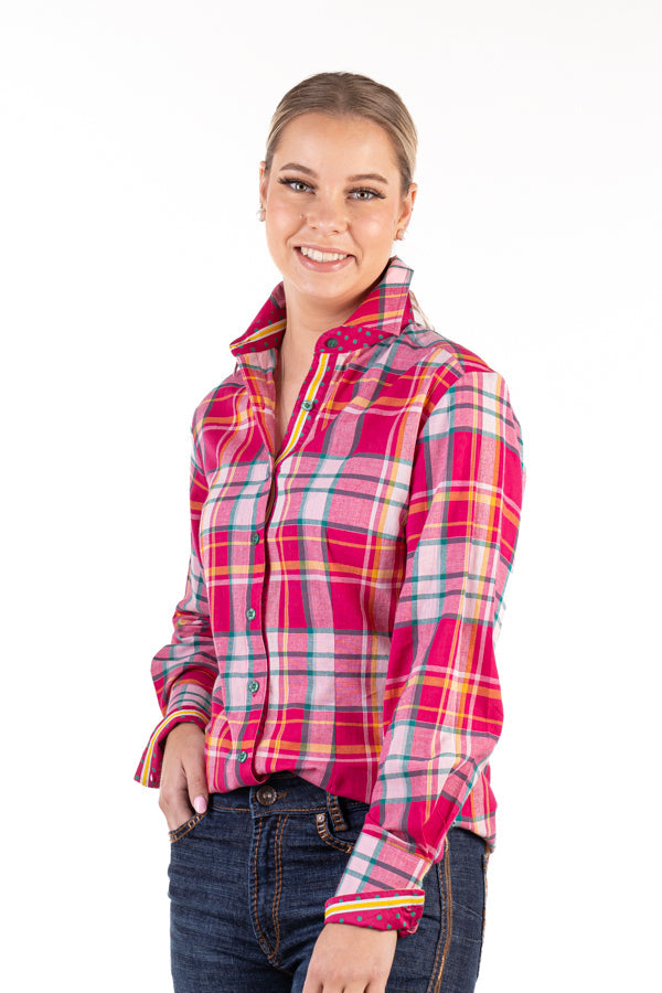 Fitted - RR01-2003 Hot Pink, Yellow, & Green Check Collared Ranch Range Arena Shirt