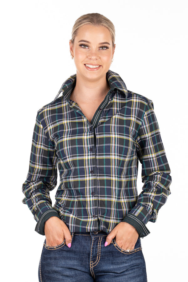 Fitted - RR01-2005 Navy, White, Emerald, & Khaki Check Collared Ranch Range Arena Shirt