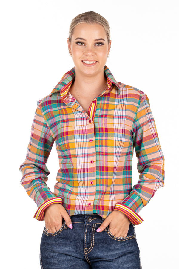 Fitted - RR01-2007 Deep Pink, Burnt Orange, Green, Turquoise & White Check Collared Ranch Range Arena Shirt
