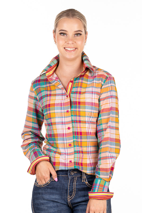 Fitted - RR01-2007 Deep Pink, Burnt Orange, Green, Turquoise & White Check Collared Ranch Range Arena Shirt