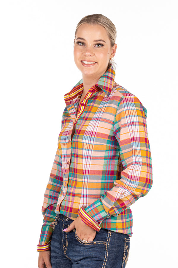 Fitted - RR01-2007 Deep Pink, Burnt Orange, Green, Turquoise & White Check Collared Ranch Range Arena Shirt