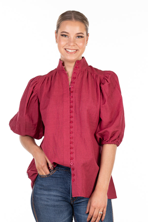 The LC Collection - LC106-2000 Cerise Short Sleeve Linen Top