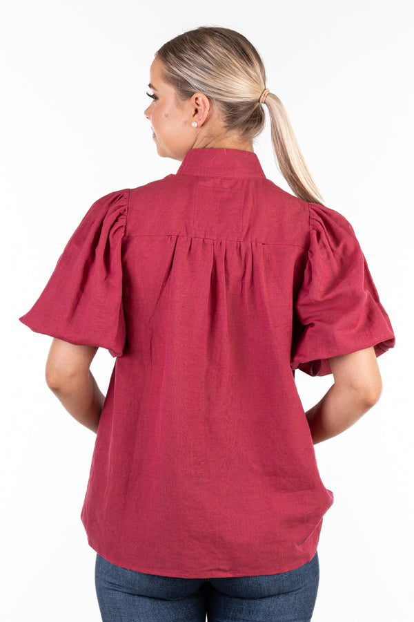 The LC Collection - LC106-2000 Cerise Short Sleeve Linen Top