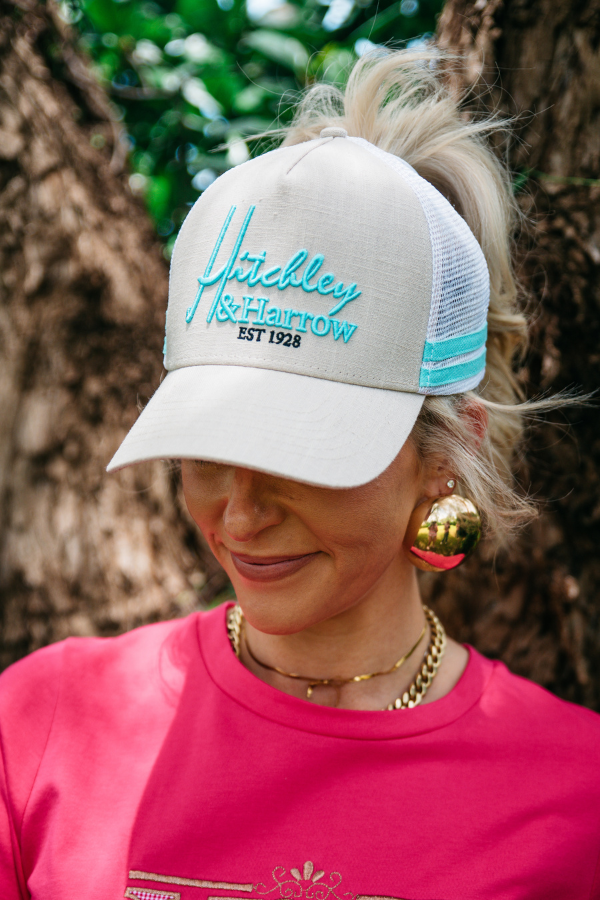 Trucker Cap - Cream & Teal - Pony Tail