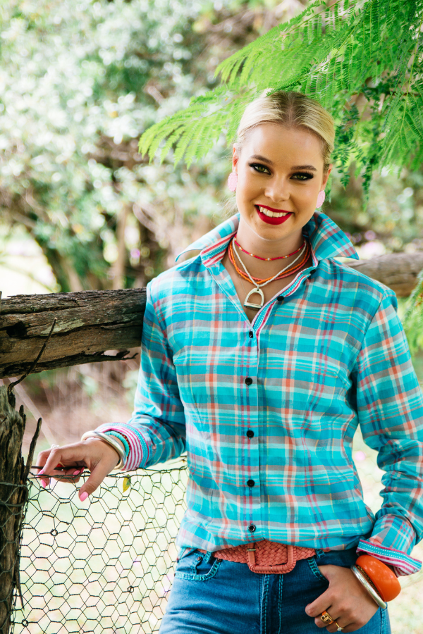 Fitted - RR01-25 Aqua and Pink Check Collared Ranch Range Arena Shirt