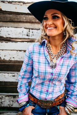 Fitted - RR01-21 Cornflower Blue & Pink Check Collared Ranch Range Arena Shirt