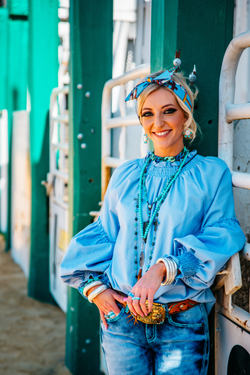 Linen Collection LC32 3 Powder Blue Linen Gathered Sleeve Shirt Hitchley Harrow