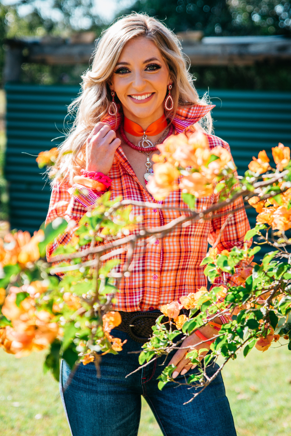 Fitted - RR01-38 Hot Pink, White & Bright Orange Check Collared Ranch Range Arena Shirt