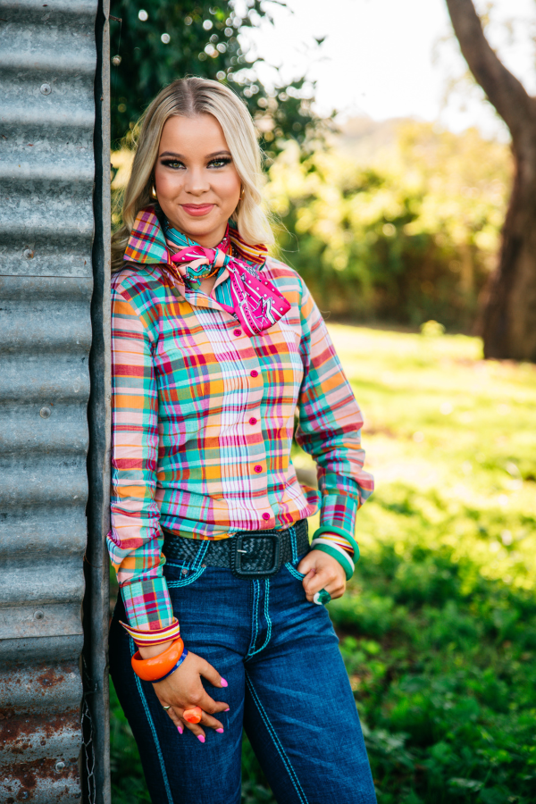 Fitted - RR01-2007 Deep Pink, Burnt Orange, Green, Turquoise & White Check Collared Ranch Range Arena Shirt
