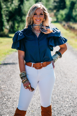 The LC Collection - LC108-2000 Navy Ruffle Sleeve