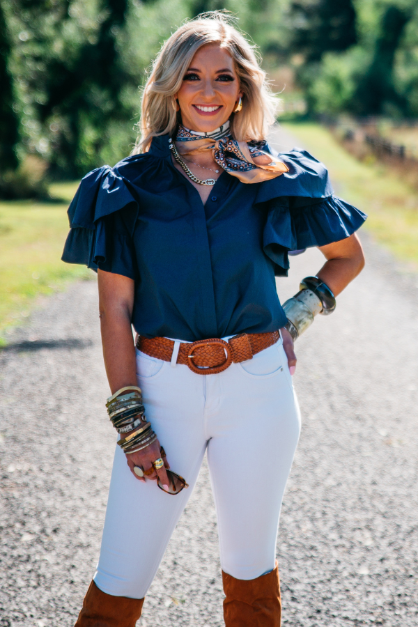The LC Collection - LC108-2000 Navy Ruffle Sleeve