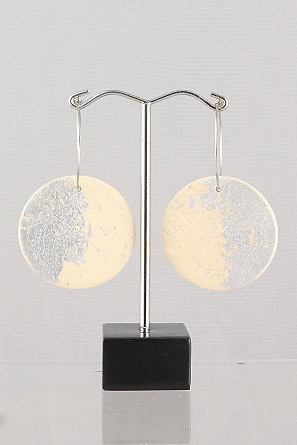 Designer Earrings - Sliver Foiling w/ Large Cream Poly Clay Hoops