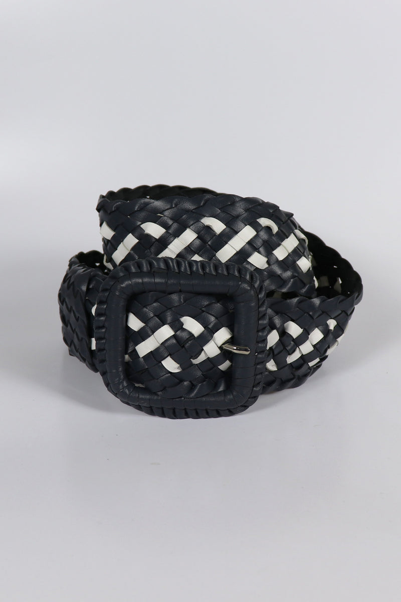 Leather Plaited Belt - Navy and White