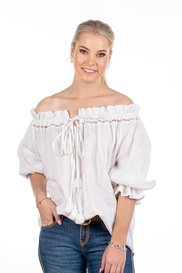 Linen Collection - LC10-10 White Off The Shoulder Tassel Linen Top